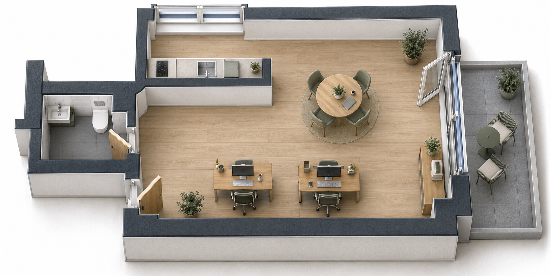 Büroeinheit mit WC und Terrasse